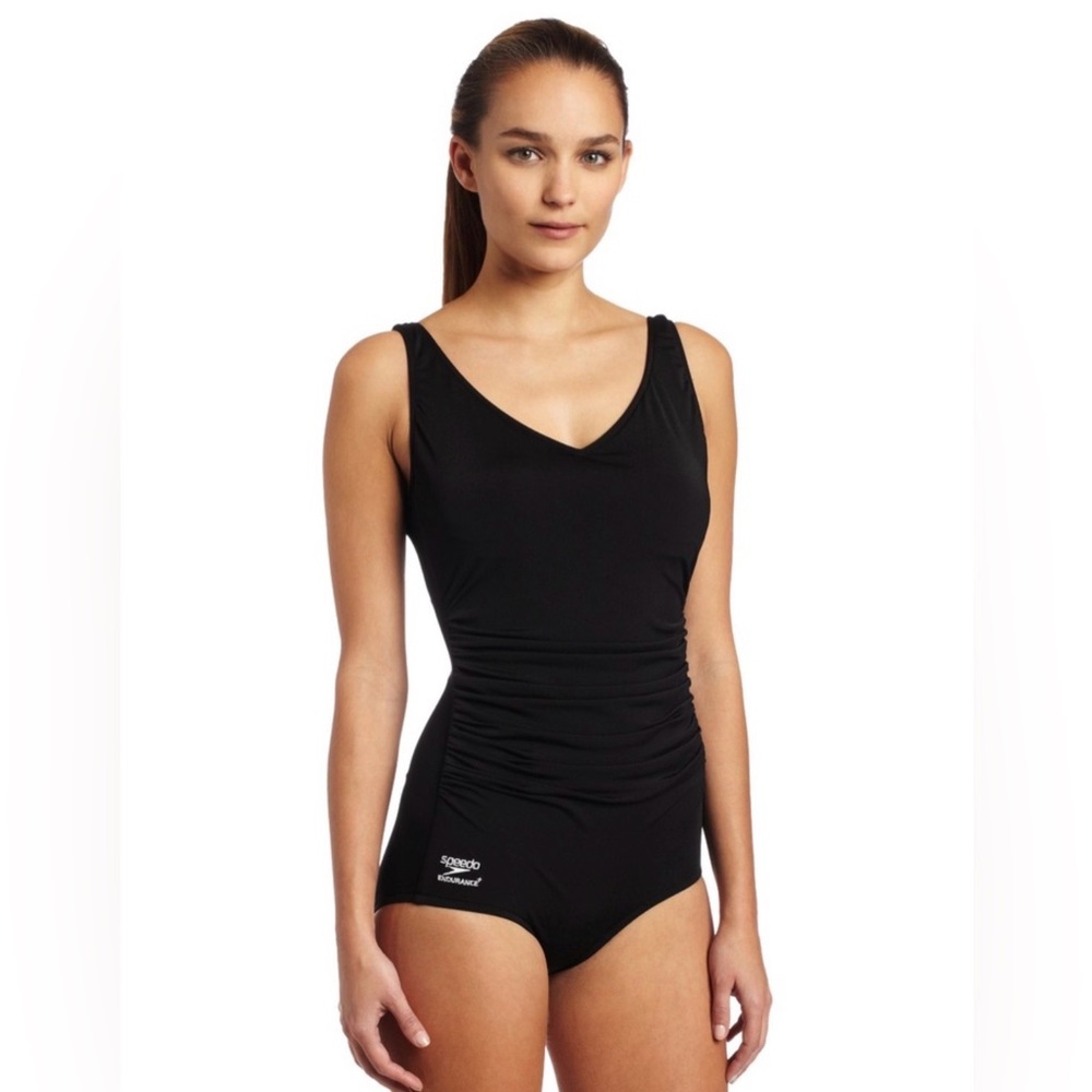 Speedo Endurance Plus Shirred Front One Piece Swimsuit Black Size 8 Power Mesh - Picture 2 of 12